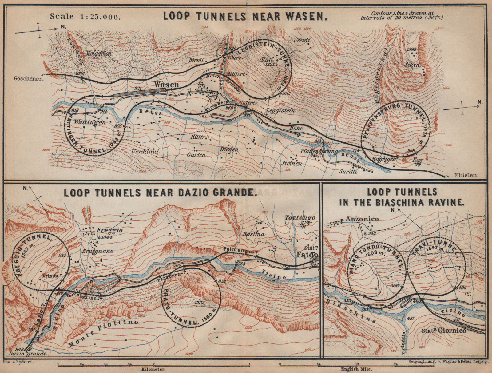 ST GOTTHARD RAILWAY SPIRAL/LOOP TUNNELS Wassen Freggio Prato Biaschina 1907 map
